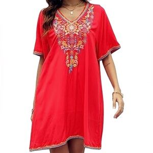 AK Women’s XXL Red Embrodiered Lightweight Tunic Mini Dress Plus Size NWT P1